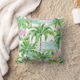 Preppy Pink and Green Tropical Palm Trees Cushion