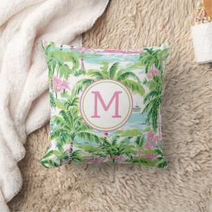 Preppy Pink and Green Tropical Palm Trees Monogram Cushion