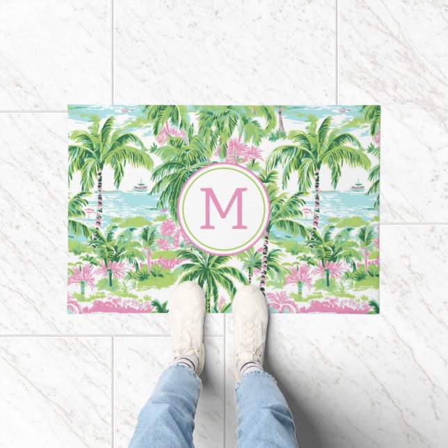 Preppy Pink and Green Tropical Palm Trees Monogram Doormat (Indoor)
