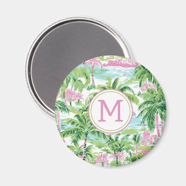 Preppy Pink and Green Tropical Palm Trees Monogram Magnet (Front/Back)