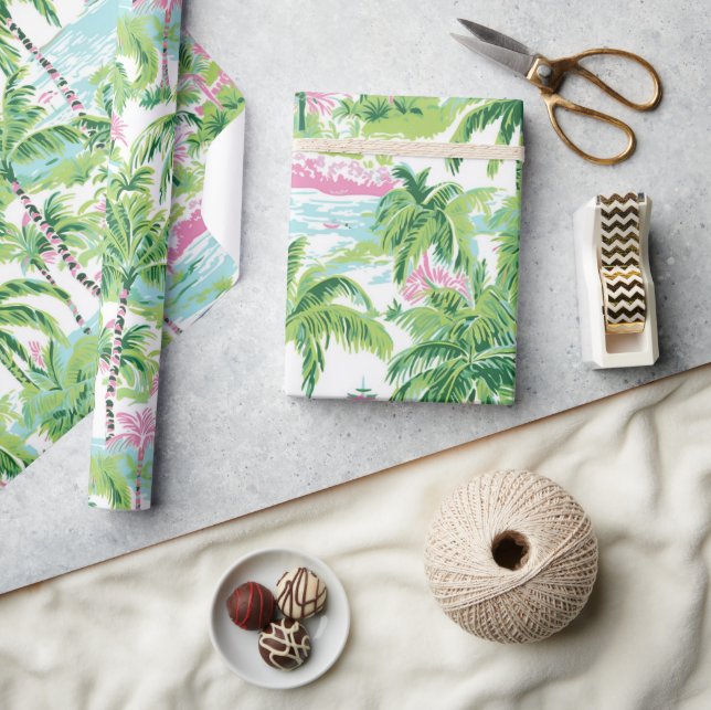 Preppy Pink and Green Tropical Palm Trees Wrapping Paper (Crafts)