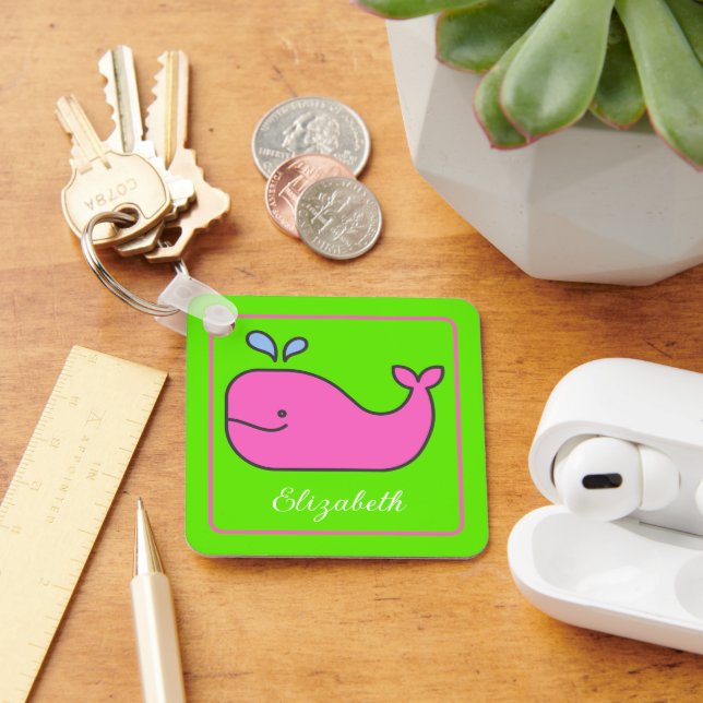 Preppy Pink and Green Whale Personalised Key Ring (Desk)