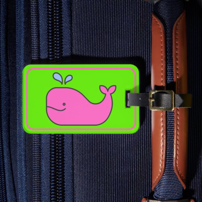 Preppy Pink and Green Whale Personalised Luggage Tag (Front Insitu 4)