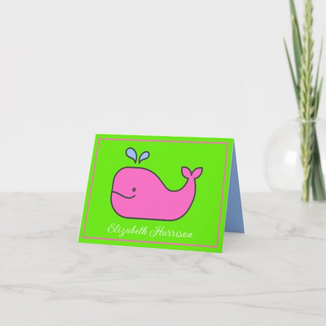 Preppy Pink and Green Whale Personalised Note Card (Front)