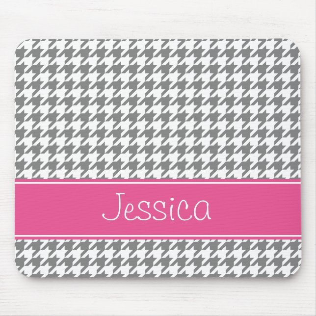 Preppy Pink and Grey Houndstooth Personalised Mouse Pad (Front)