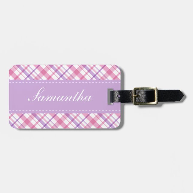 Preppy Pink and Lavender Plaid Pattern Luggage Tag (Front Horizontal)