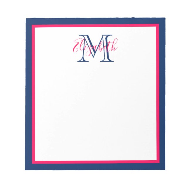 Preppy Pink and Navy Blue Monogram Notepad (Front)