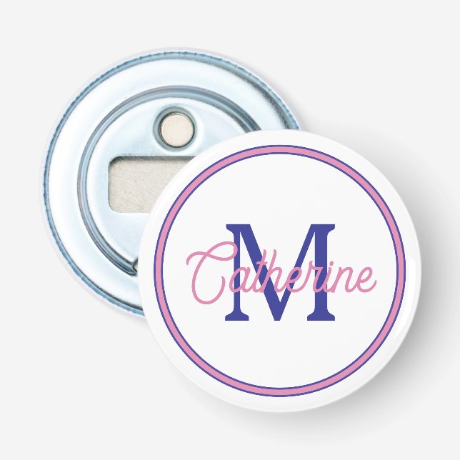 Preppy Pink and Navy Blue Simple Monogram Bottle Opener (Front)