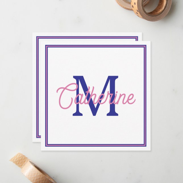 Preppy Pink and Navy Blue Simple Monogram Card (Front/Back In Situ)