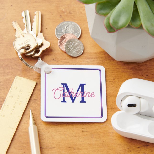 Preppy Pink and Navy Blue Simple Monogram Key Ring (Desk)