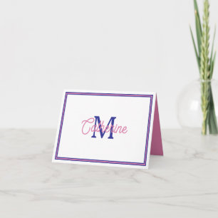 Preppy Pink and Navy Blue Simple Monogram Note Card