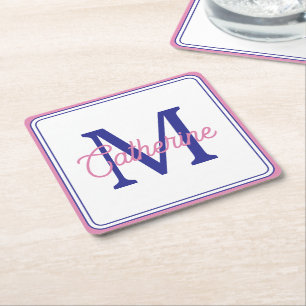Preppy Pink and Navy Blue Simple Monogram Square Paper Coaster