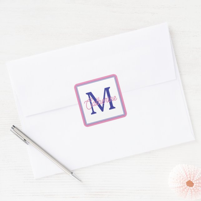 Preppy Pink and Navy Blue Simple Monogram Square Sticker (Envelope)