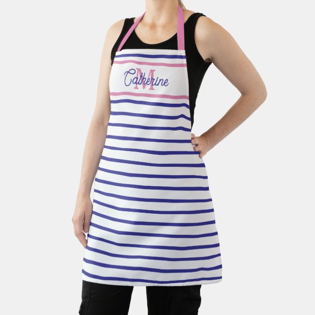 Preppy Pink and Navy Blue Stripe Simple Monogram Apron (Insitu)