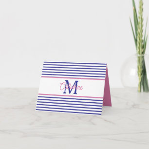 Preppy Pink and Navy Blue Stripe Simple Monogram Note Card