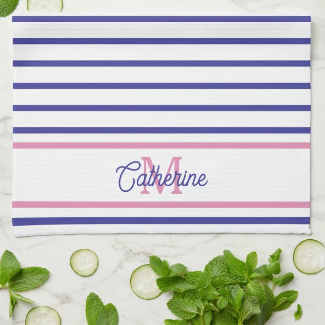 Preppy Pink and Navy Blue Stripe Simple Monogram Tea Towel (Folded)