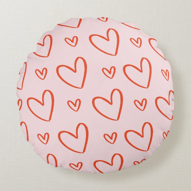 Preppy pink and red hearts round cushion (Front)