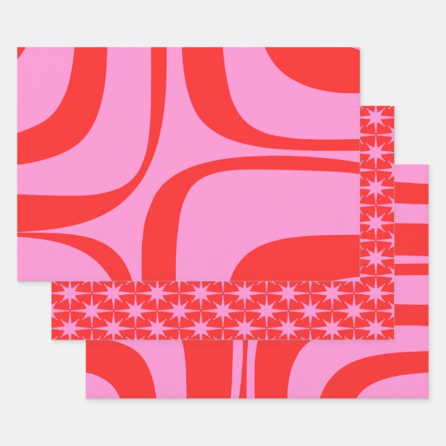 Preppy Pink and Red Retro Patterns Wrapping Paper Sheet (Set)