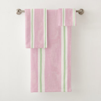 Preppy Pink and Sage Green Watercolor Striped Bath Towel Set