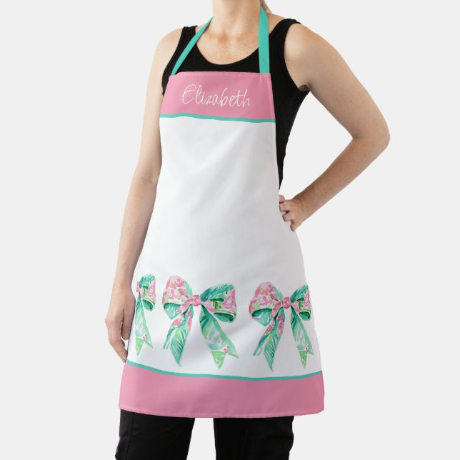 Preppy Pink and Turquoise Floral Bows Personalised Apron (Insitu)