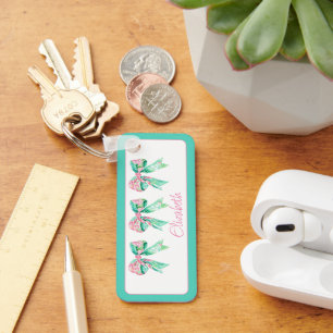 Preppy Pink and Turquoise Floral Bows Personalised Key Ring