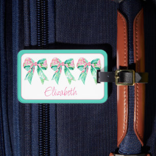 Preppy Pink and Turquoise Floral Bows Personalised Luggage Tag