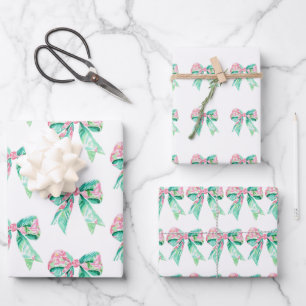 Preppy Pink and Turquoise Floral Bows Wrapping Paper Sheet