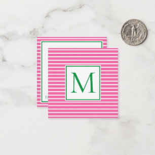 Preppy Pink and White Stripe With Green Monogram Card