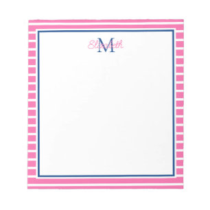 Preppy Pink and White Stripe With Navy Monogram Notepad