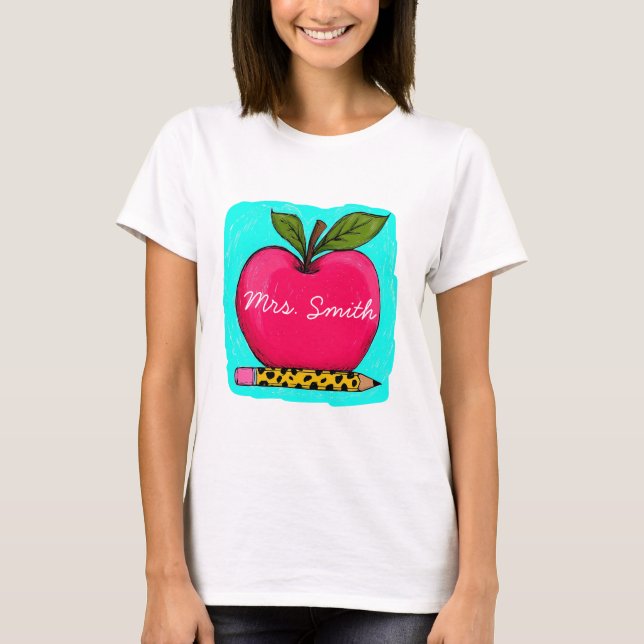 Preppy Pink Apple Teacher Name Shirt (Front)
