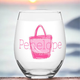Preppy Pink Beach Bag Personalised Stemless Wine Glass
