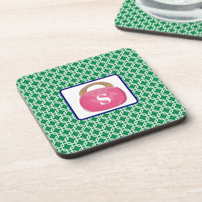 Preppy Pink Bermuda Bag Green Link Monogram Coaster (Left Side)