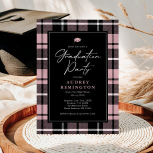 Preppy Pink Black Tartan Graduation Invitation
