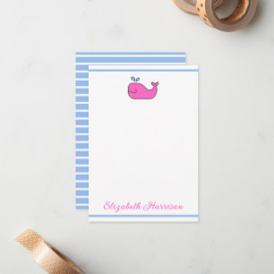 Preppy Pink Blue and White Whale Personalized Card