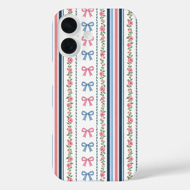 Preppy Pink Blue Coquette Bows Florals Striped Case-Mate iPhone Case (Back)