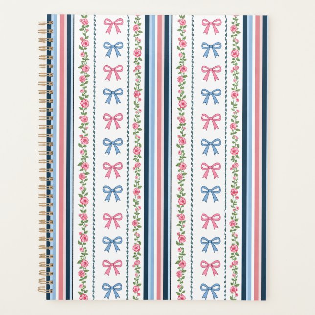 Preppy Pink Blue Coquette Bows Florals Stripes  Planner (Front)