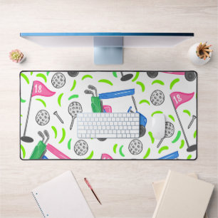 Preppy Pink & Blue Golf Cart Pattern Golf Tees Desk Mat