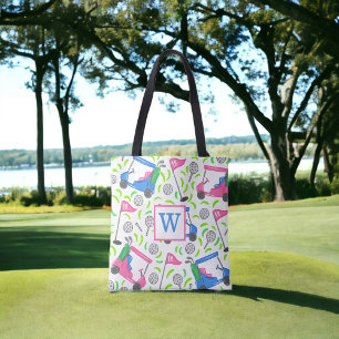 Preppy Pink & Blue Golf Cart Pattern Monogram Tote Bag