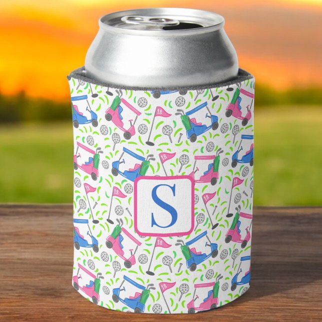 Preppy Pink Blue Green Golf Monogram Can Cooler (Creator Uploaded)