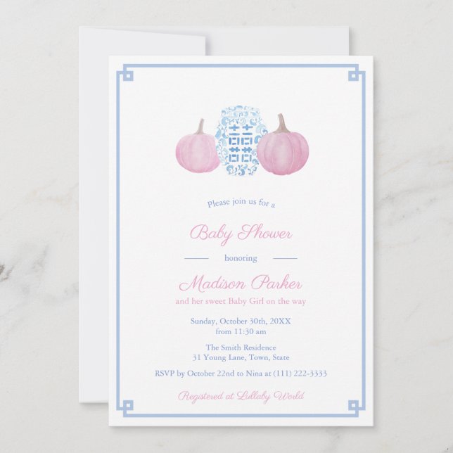 Preppy Pink & Blue Pumpkin Girl Baby Shower Party Invitation (Front)