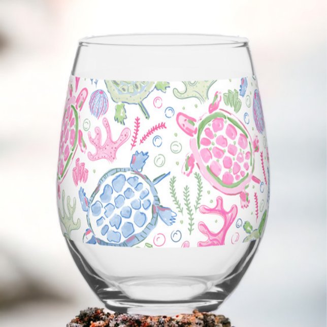 Preppy Pink Blue Sea Turtles  Stemless Wine Glass (Creator Uploaded)