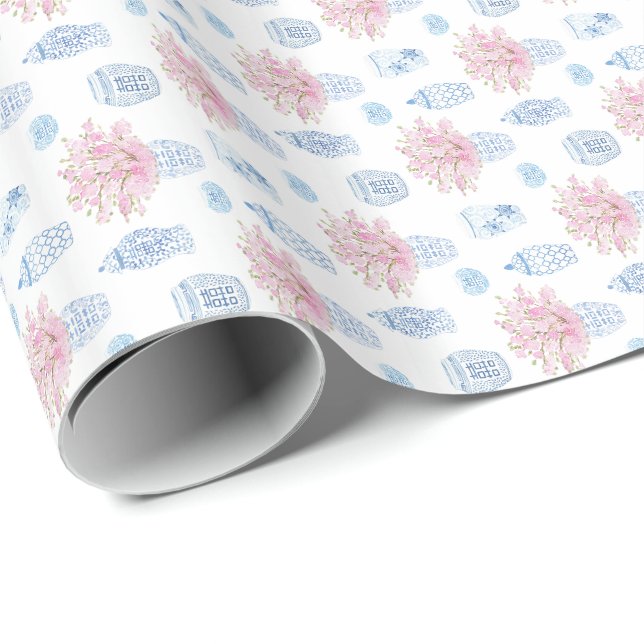 Preppy Pink Blue White Ginger Jar Chinese Pottery Wrapping Paper (Roll Corner)