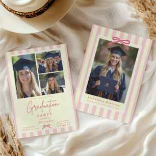 Preppy Pink Bow 4 Photo Graduation Invitation
