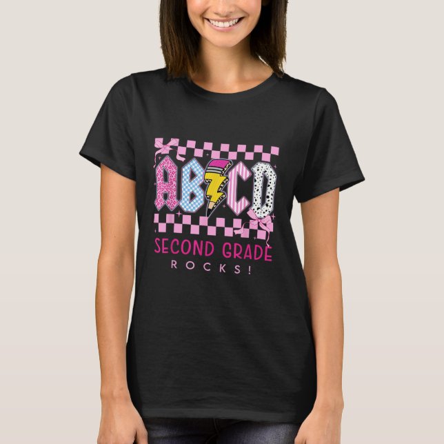 Preppy Pink Bow Abcd Second Grade Rocks Pencil Lig T-Shirt (Front)