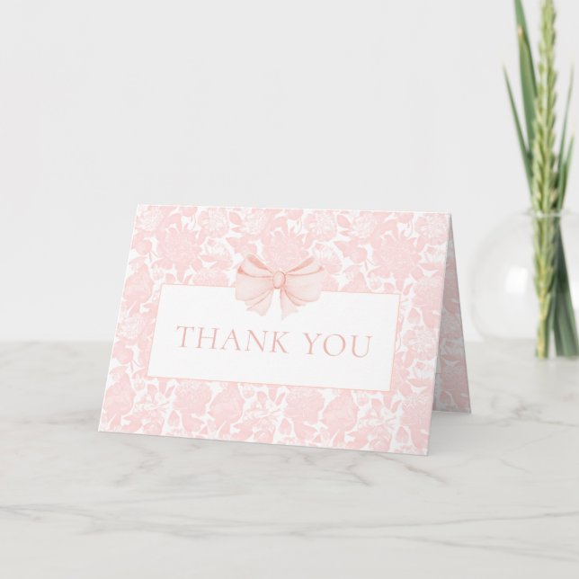 Preppy pink bow baby girl shower folded thank you card (Front)
