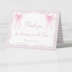Preppy pink bow gingham grandmillenial baby shower thank you card