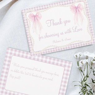 Preppy pink bow gingham grandmillenial baby shower thank you card