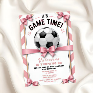 Preppy Pink Bow Girl Soccer Game Time Birthday Invitation