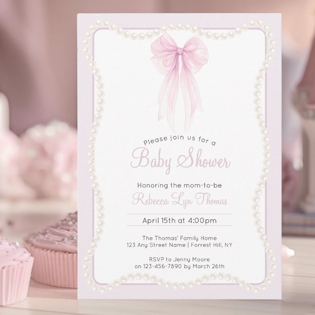 Preppy pink bow pearls grandmillenial baby shower invitation (Creator Uploaded)