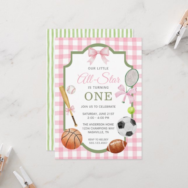 Preppy Pink Bow Sports Invitation (Front/Back In Situ)